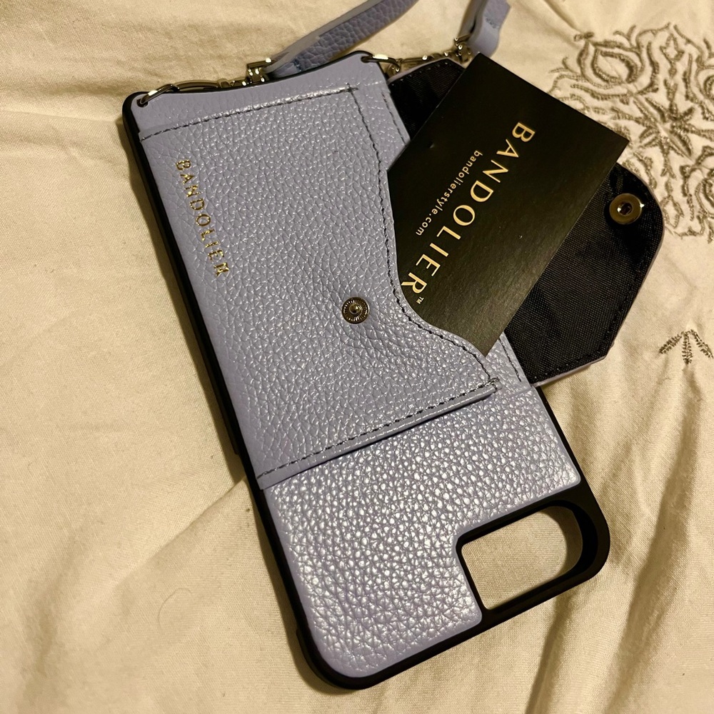 Periwinkle blue strap cellular phone case. Fits iPhone 13, 14 Great accessory